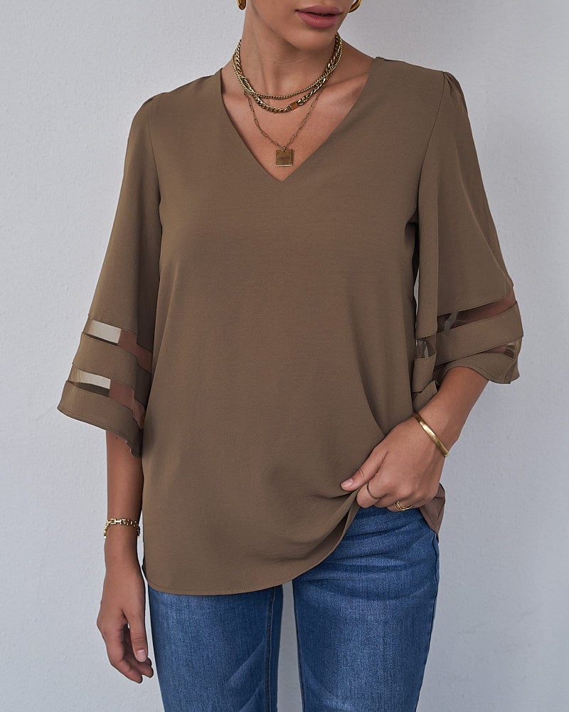 LookbookStore Women Vneck Mesh Panel Brown Work T Shirts for Women V Neck Casual 3/4 Flared Bell Sleeve Blouse Loose Business Office Blouse and Tops Size XX-Large - Image 5